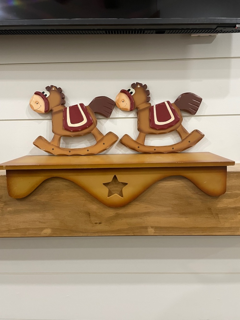 Folk Art Twin Rocking Horse Wall Shelf in Brown and Burgundy
